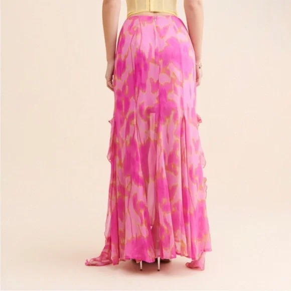 The Wolf Gang Rhapsody Maxi Skirt Candy Haze Frilly High Slit Hot Pink Floral - Picture 5 of 13